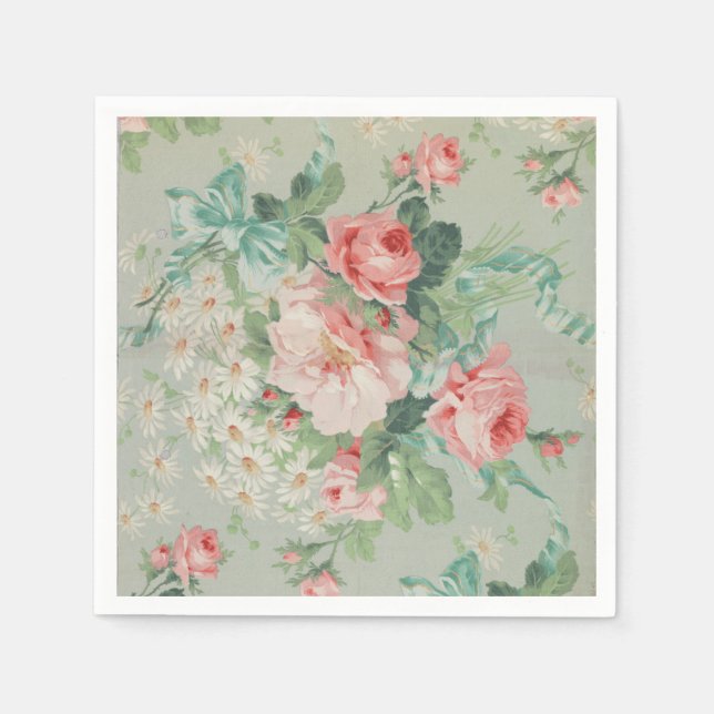 French Country Vintage Antique Cabbage Roses Napkin (Front)