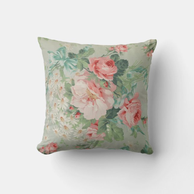 French Country Vintage Antique Cabbage Roses Throw Pillow (Front)