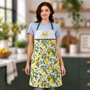 French Country Watercolor Lemon Monogram Name Apron