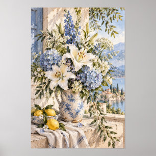 French Country White Lily Blue Hydrangea Lake Wall Poster