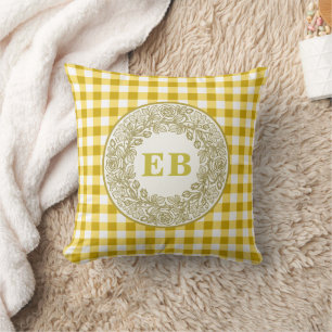 French Country Yellow Gingham Rose Monogram Throw Pillow