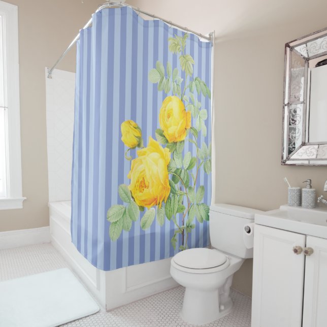 French Country Yellow Roses on Blue Stripes (In Situ)