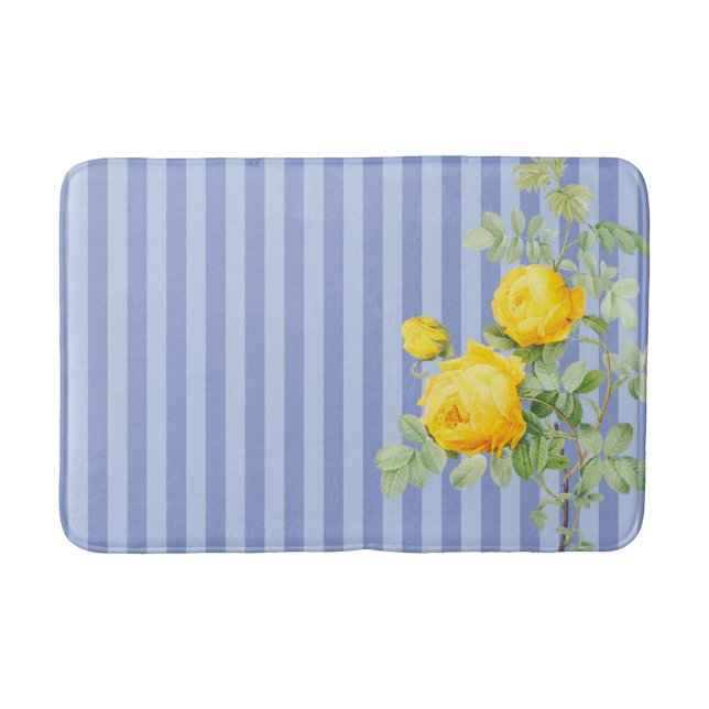 French Country Yellow Roses on Blue Stripes Bath Mat (Front)