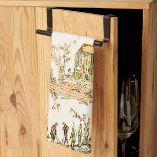 French Creme Toile Chinoiserie Style Rustic  Kitchen Towel