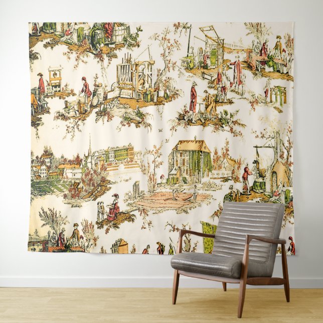 French Creme Toile Chinoiserie Style Rustic  Tapestry (In Situ (Horizontal))