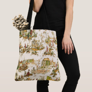 French Creme Toile Chinoiserie Style Rustic Tote Bag