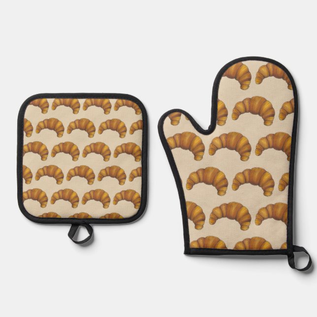 French Croissant Buttery Flaky Hot Pastry Foodie Oven Mitt & Pot Holder Set (Front)