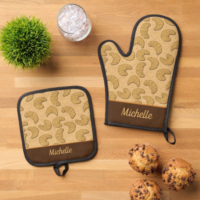 French Croissants Patterned Custom Name Oven Mitt & Pot Holder Set (Top Down)