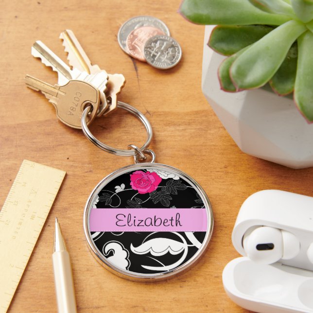 French Damask, Flowers, Black and White, Your Name Keychain (Desk)