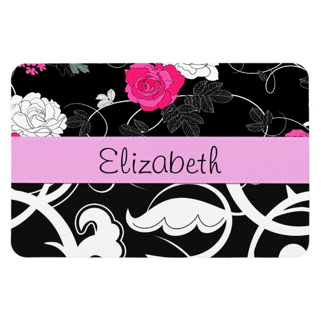 French Damask, Flowers, Black and White, Your Name Magnet (Horizontal)