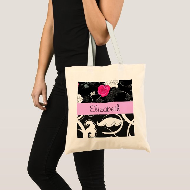 French Damask, Flowers, Black and White, Your Name Tote Bag (Front (Product))