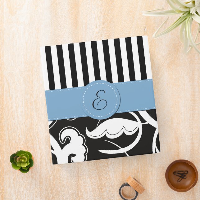 French Damask, Stripes, Black and White, Monogram Binder (In Situ)