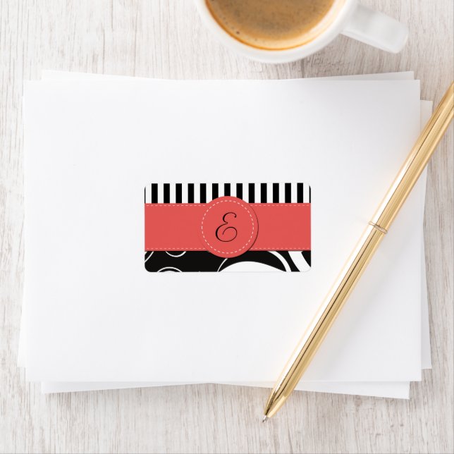 French Damask, Stripes, Black and White, Monogram Label (Insitu)