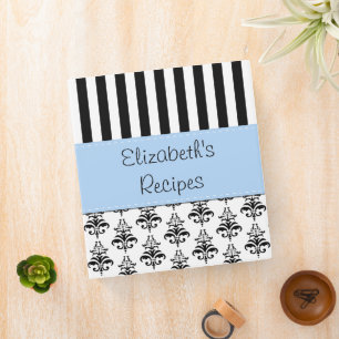 French Damask, Stripes, Black and White, Your Name Binder