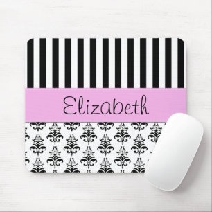 French Damask, Stripes, Black and White, Your Name Mouse Pad