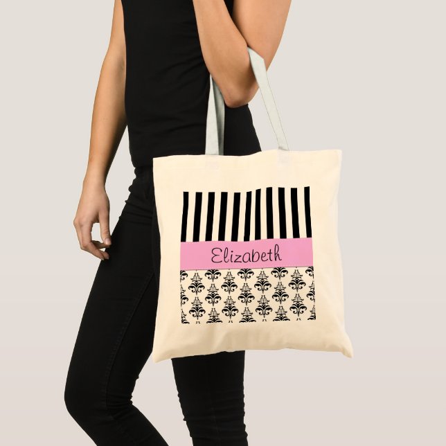French Damask, Stripes, Black and White, Your Name Tote Bag (Front (Product))