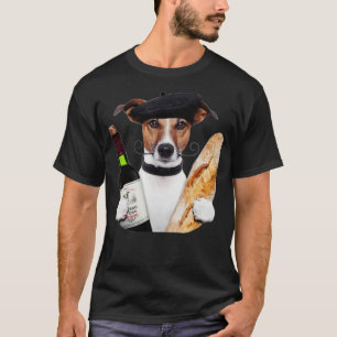 French Dog Holding A French Baguette And Wine Glas T-Shirt