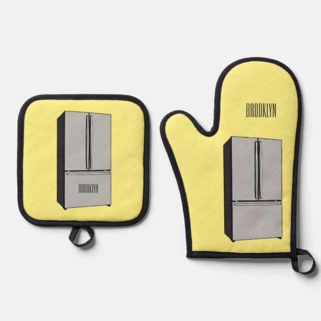 French door refrigerator cartoon illustration oven mitt & pot holder set (Front)