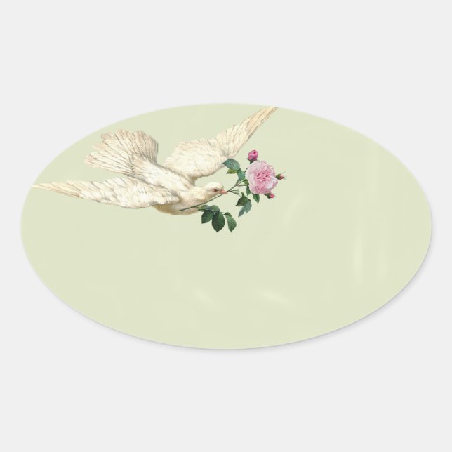 French dove with pink rose on whisper green oval sticker (Front)