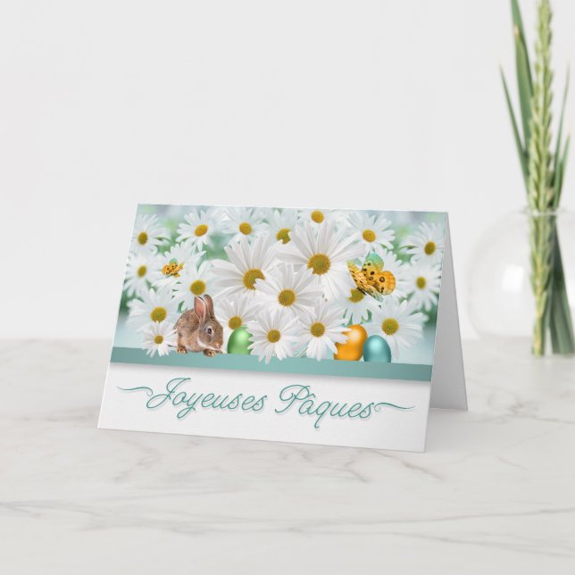French Easter Daisy Garden Easter Bunny and Flower Card (Front)