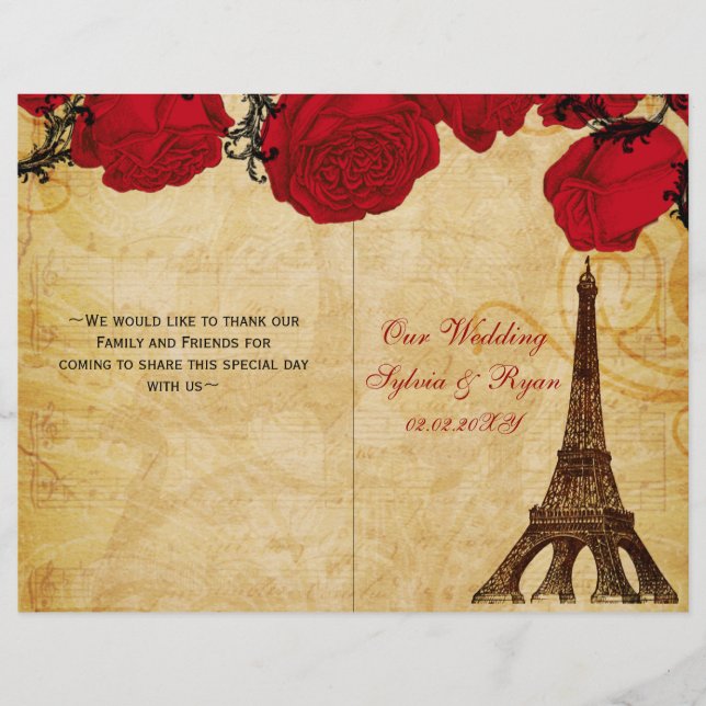 French Eiffel tower red  folded Wedding program (Front)