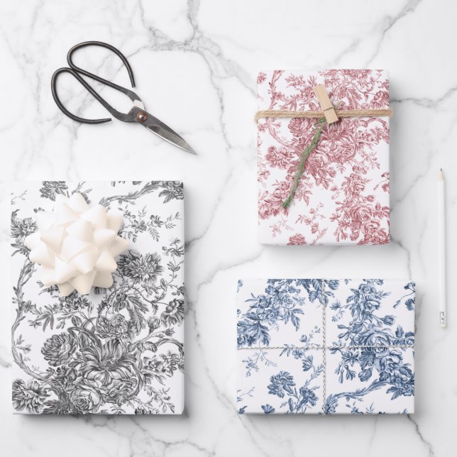 French Engraved Floral Toile-Grey, Pink, Blue Wrapping Paper Sheet (Front)