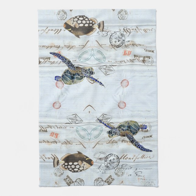 French Ephemera Fish Sea Turtle Kitchen Towel (Vertical)
