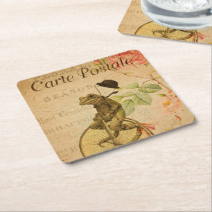 French Ephemera Frog Riding Bicycle Rose  Square Paper Coaster