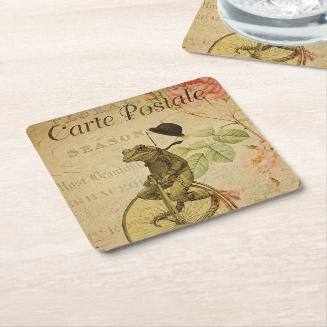 French Ephemera Frog Riding Bicycle Rose  Square Paper Coaster (Angled)