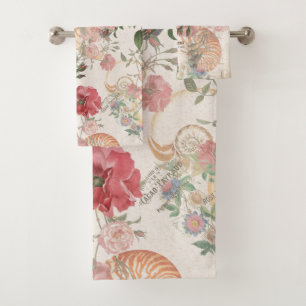 French Ephemera Rose Nautilus Shell Bath Towel Set
