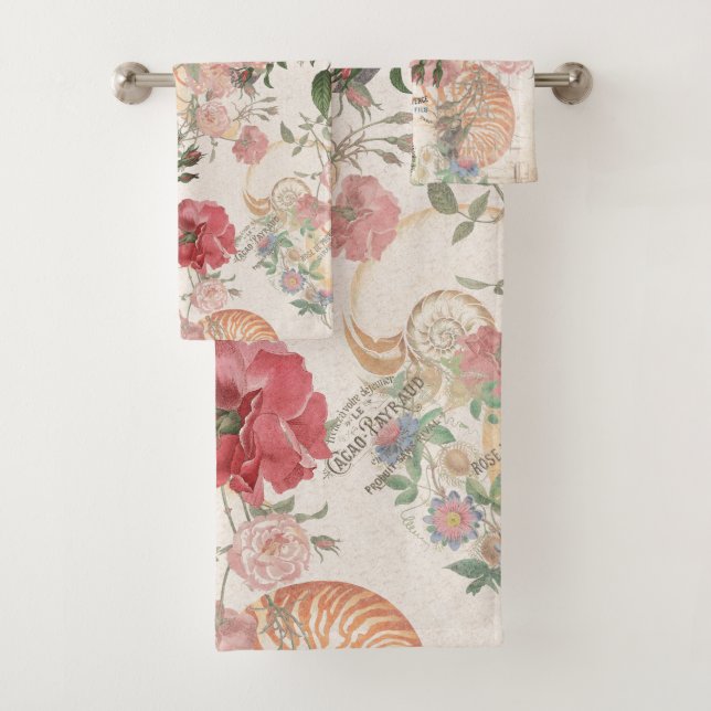 French Ephemera Rose Nautilus Shell Bath Towel Set (Insitu)