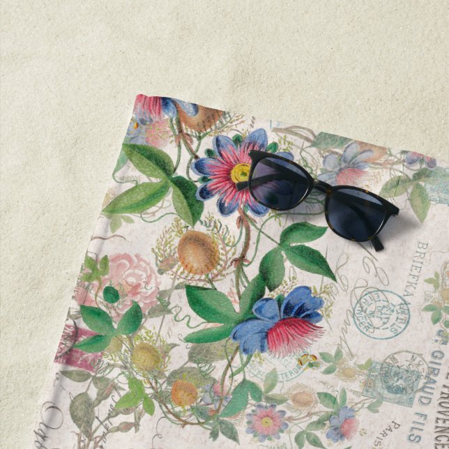 French Ephemera Rose Passionflowers Beach Towel (In Situ)
