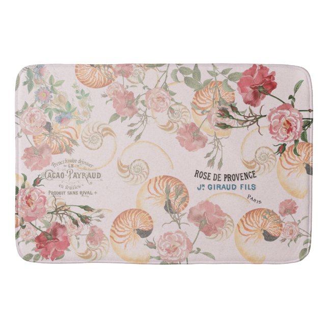 French Ephemera Roses Seashells Floral Bath Mat (Front)