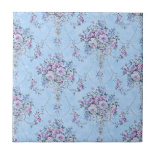 French European Blue White Victorian Style Floral  Tile