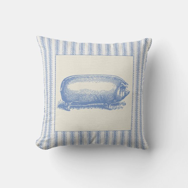 French Farm Pig with Ticking Throw Pillow (Front)