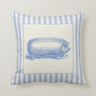 French Farm Pig with Ticking Throw Pillow