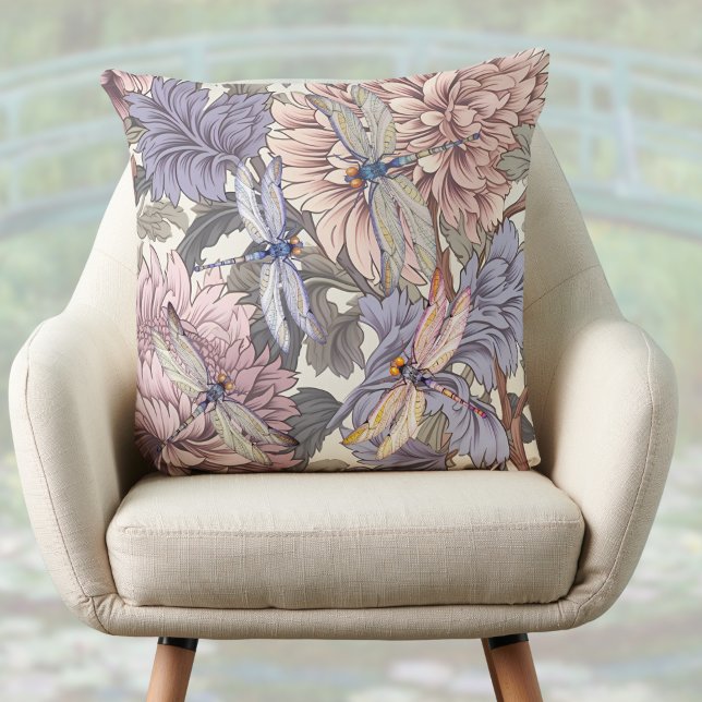 French Farmhouse Floral Lavender Pink Dragonflies Throw Pillow (Creator Uploaded)