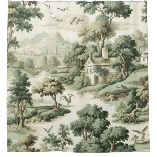 French Farmhouse Green Toile Village Pattern