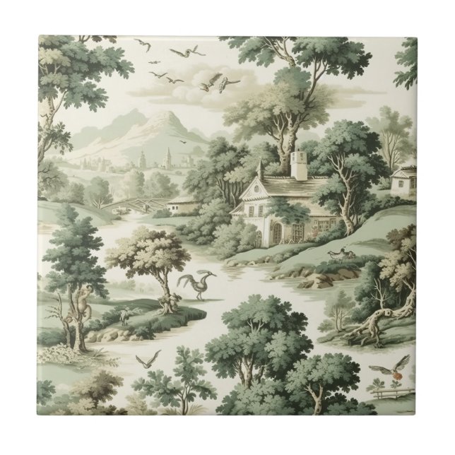 French Farmhouse Green Toile Village Pattern Tile (Front)