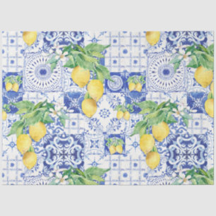 French Farmhouse Lemon Blue n White Tile Decoupage Tissue Paper