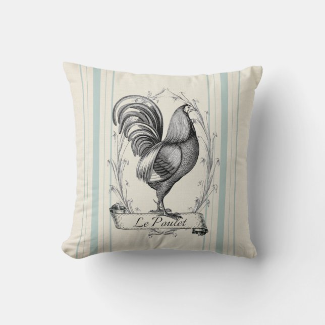 French Farmhouse Rooster blue grain sack striped Throw Pillow (Front)
