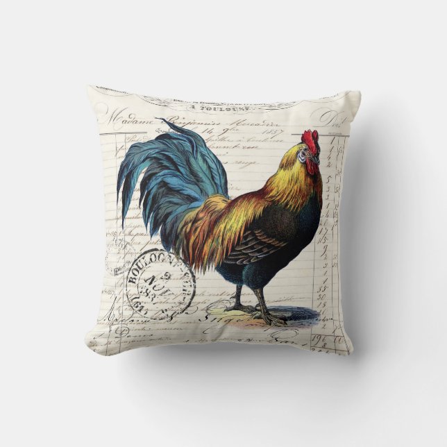 French Farmhouse Vintage Rooster Throw Pillow (Front)