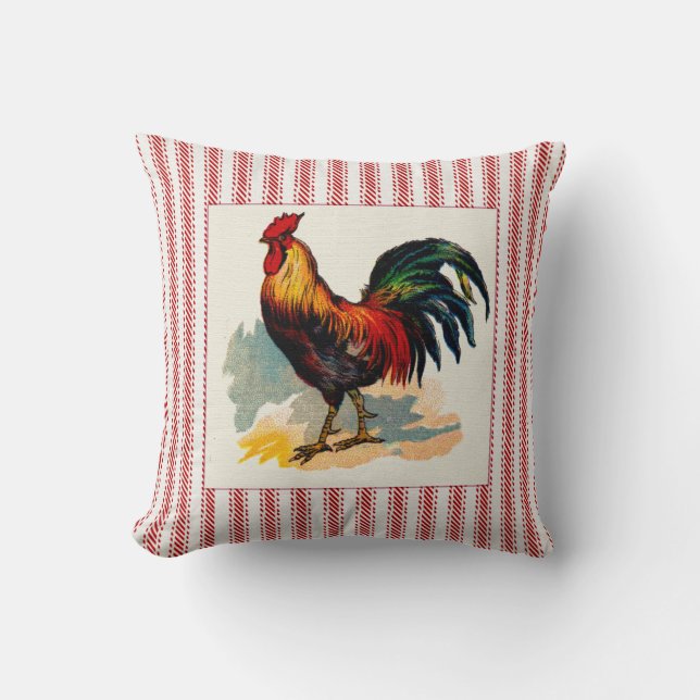 French Farmyard Rooster with Ticking Throw Pillow (Front)