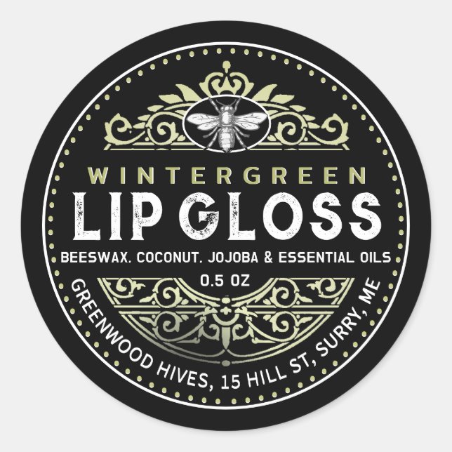 French Filagree Grunge Sage Black Lip Gloss Balm Classic Round Sticker (Front)