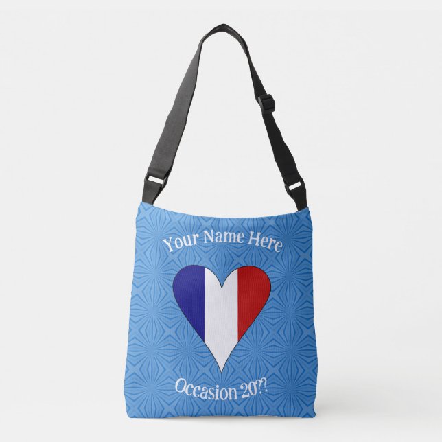 French Flag Heart Personalized on Blue Crossbody Bag (Front)