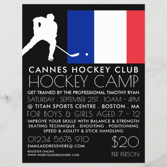 French Flag, Hockey Player, Camp Advertising Flyer (Front)