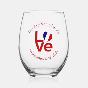 French Flag LOVE Red Personalized Text  Stemless Wine Glass