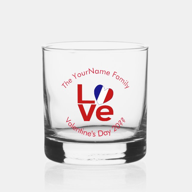 French Flag Red Letters LOVE Personalized Whiskey Glass (Front)