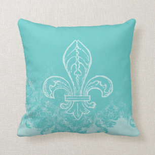 French Fleur de Lis Aqua Damask Pillow