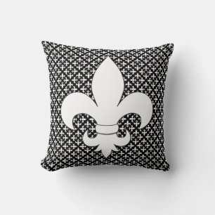 French Fleur de Lis Black and White Pattern Throw Pillow
